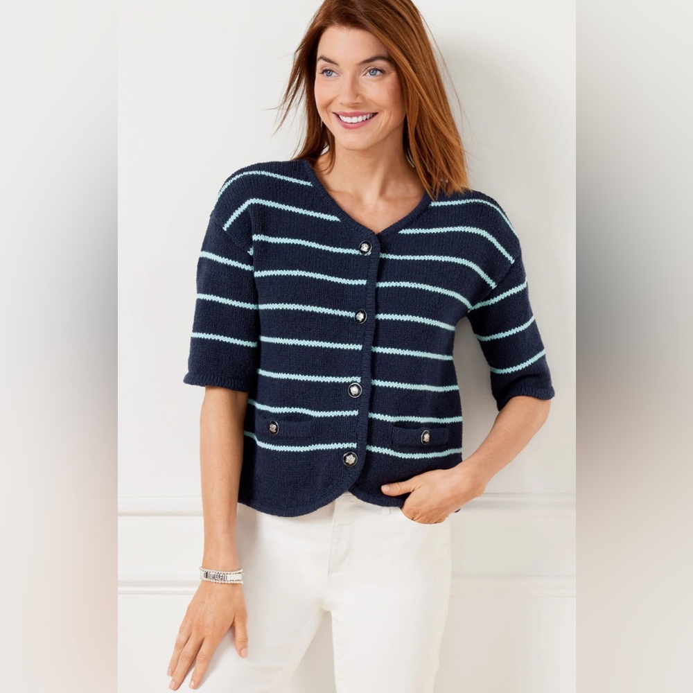 NWT Talbots Cardigan Sweater XL Navy Lite Blue Stripe Preppy Coastal Classic